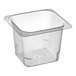 A Cambro translucent polypropylene food pan colander with holes in it.