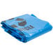 A blue garbage bag with black recycle symbol on it.