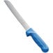 A Dexter-Russell bread knife with a blue handle.