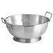 A close-up of a Carlisle aluminum colander with handles and holes.