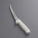 A Dexter-Russell narrow curved boning knife with a white handle.