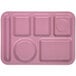 A pink Carlisle heavy-duty melamine 6 compartment tray with four different shapes.