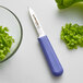 A Dexter-Russell purple paring knife next to a bowl of chopped green peppers.