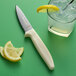 A Dexter-Russell Sani-Safe Utility Knife next to a glass of ice and lemon slices.