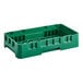 A green plastic Cambro dish rack with an open base and holes.