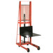 A black and red Wesco Industrial Products hydraulic platform stacker.