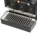 A close-up of a Bunn hot beverage dispenser with 3 hoppers.