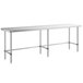 A Regency stainless steel open base work table with a long rectangular top.