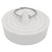 A white rubber sink stopper with a metal ring.