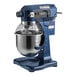 A blue and silver Waring Luna stand mixer with a metal bowl on top.