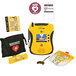 A black bag with a red heart and white lightning bolt on it containing a Defibtech Lifeline VIEW AED.