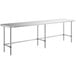 A Regency stainless steel open base work table with a long rectangular top.