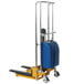 A blue and black Wesco Industrial Products electric fork lift with yellow details and black wheels.