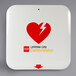 A white square Physio-Control LIFEPAK CR2 AED device with a red heart and a lightning bolt.