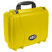 A yellow Defibtech watertight case for Lifeline AEDs with black handles.