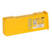 A yellow rectangular Defibtech battery pack with a white label.