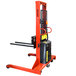 A red and black Wesco Industrial Products power lift stacker with a handle.