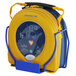 A yellow and blue wall bracket for HeartSine Samaritan PAD AEDs.