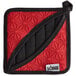 a red and black pot holder