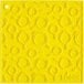 A yellow square silicone trivet with a round design.
