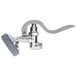 A T&S chrome pre-rinse spray valve with a white handle.