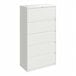 A white five-drawer lateral file cabinet with roll out binder storage.