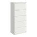 A white five-drawer lateral file cabinet with roll out binder storage.
