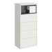 A white five-drawer lateral file cabinet with a roll-out binder storage compartment at the top.