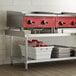 A Regency stainless steel equipment stand with a galvanized undershelf holding metal containers.