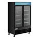 An Avantco black glass door merchandiser freezer.