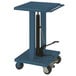 A blue rectangular Wesco lift table with black swivel casters.