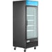 An Avantco black glass door freezer on wheels.