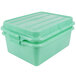 A green plastic container with a raised snap-on lid.
