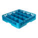 A blue plastic rack with 16 compartments designed for holding and washing cups.