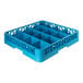 A blue plastic 16-compartment tilted cup rack used for washing and storing cups.