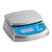 An AvaWeigh 10 lb. waterproof digital portion scale on a counter with a blue screen.