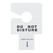 A white hotel door sign with 'Do Not Disturb' printed in black letters, designed to hang on a door handle or insert into a lock.