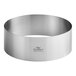 A stainless steel circular cake ring with the words "Fat Daddio's ProSeries" on it.