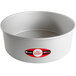 A round silver Fat Daddio's cake pan with a red and white logo.