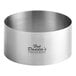 A silver stainless steel round cake ring mold with black text.