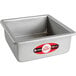 A square silver Fat Daddio's cake pan with a red and white label.