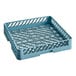 A blue plastic flatware rack with open sides and a metal grid.