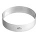 A silver stainless steel circular cake ring with black text that reads "Fat Daddio's"
