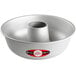 A silver cake pan with a round base.