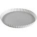 A round silver Fat Daddio's fluted tart pan with a removable round bottom.