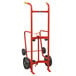 A red hand truck with black wheels.