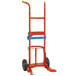 A Wesco Industrial Products hand truck with blue and orange wheels.