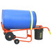 a blue barrel on a red and orange cart