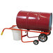 A Wesco red steel drum truck with rubber wheels carrying a red steel drum.