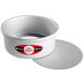 A round silver Fat Daddio's cheesecake pan with a removable bottom.
